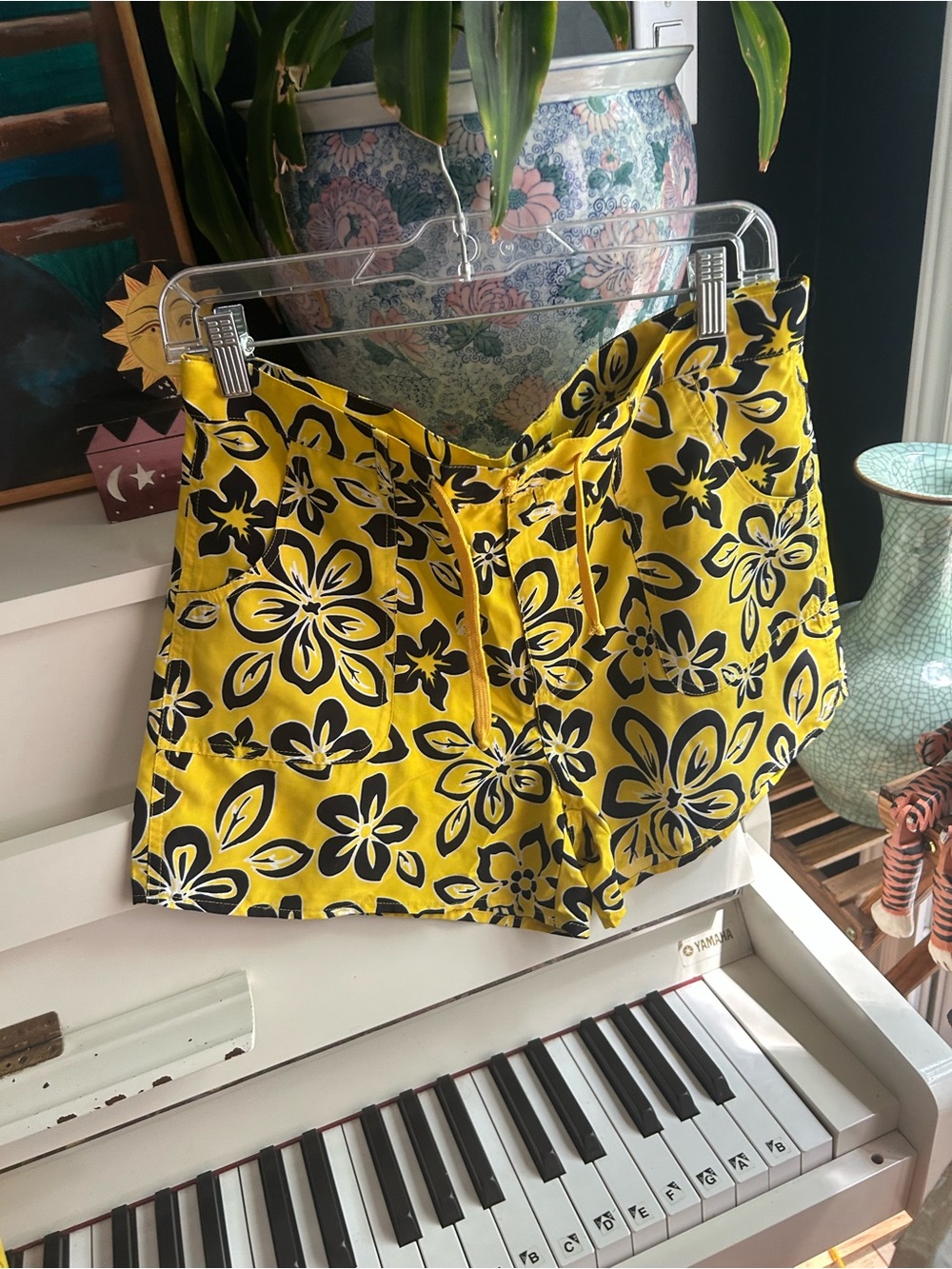 WWomen's Yellow Floral Bermuda Shorts with Black Print - Picture 12 of 12